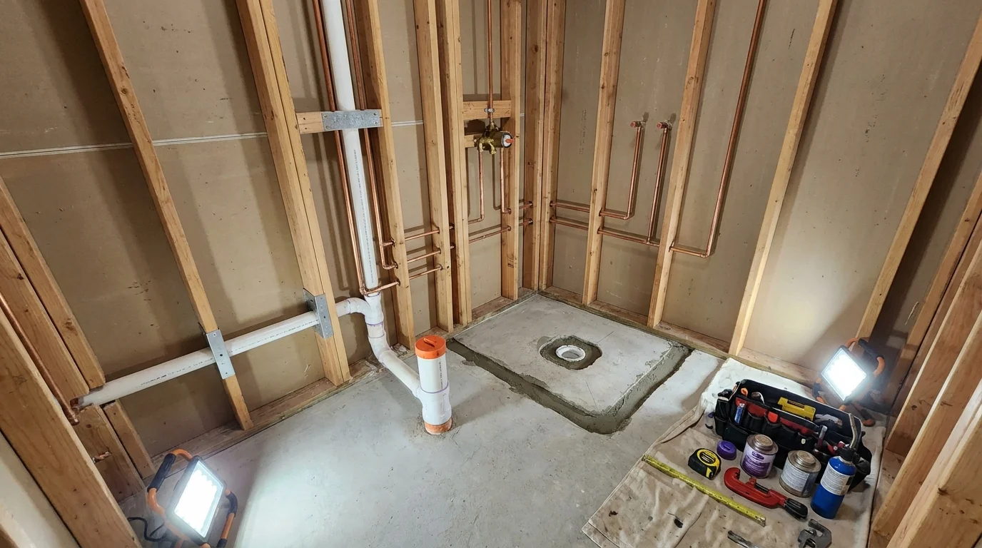 Bathroom rough-in plumbing during remodel by Johns Plumbing LLC in Corry