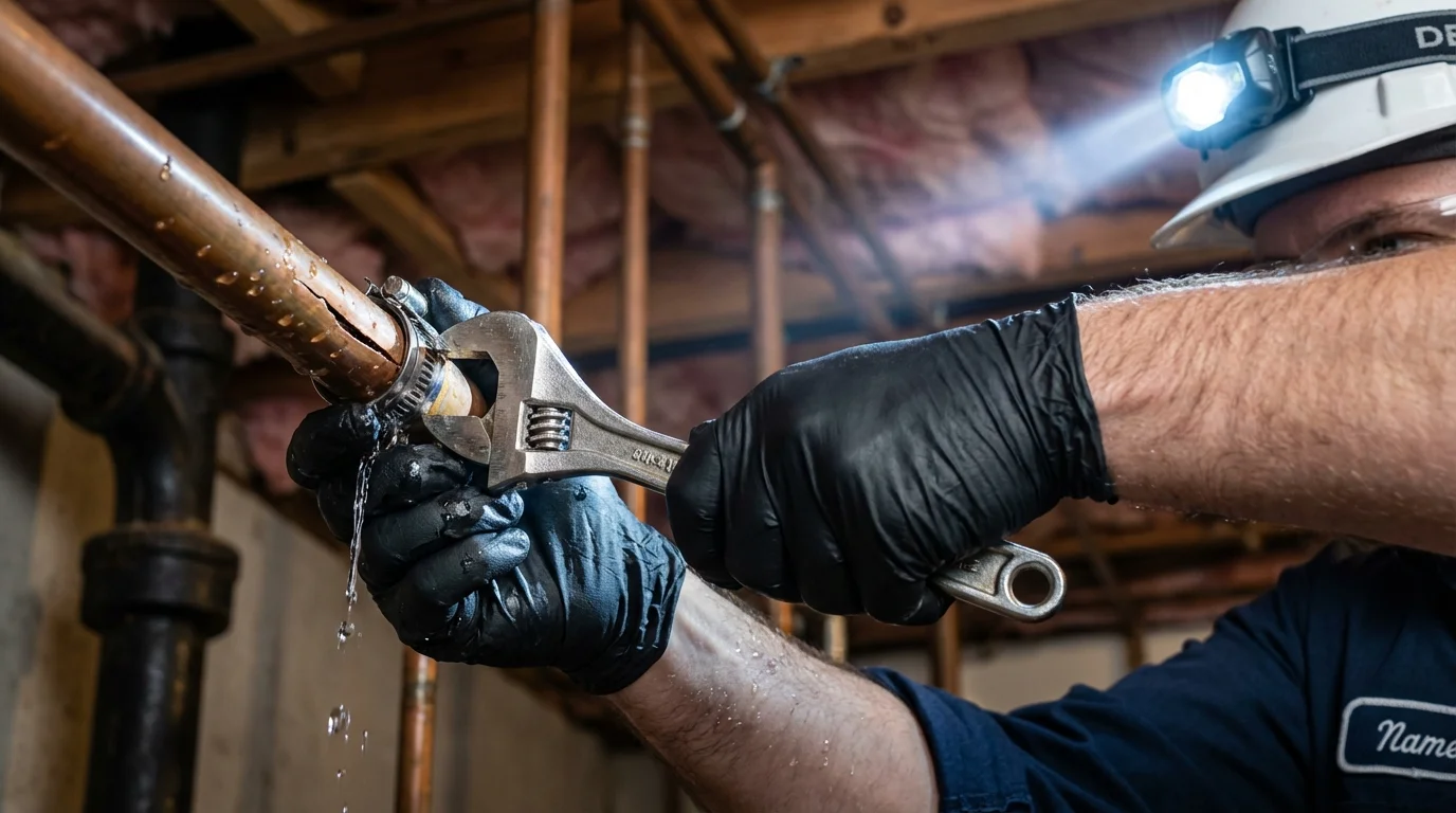 Emergency pipe clamp repair being performed by a Johns Plumbing LLC plumber in Corry