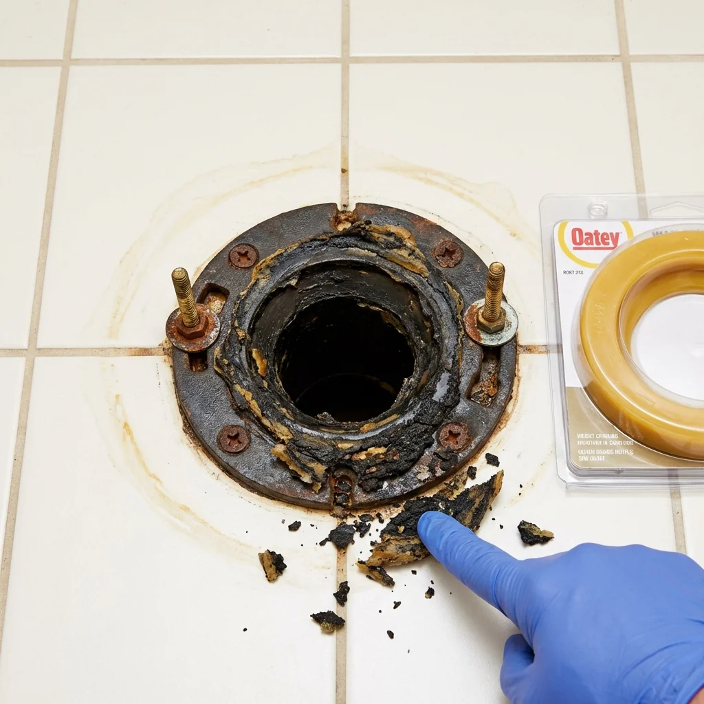 Failed wax ring showing water seepage at the base of a toilet in a Corry, PA home